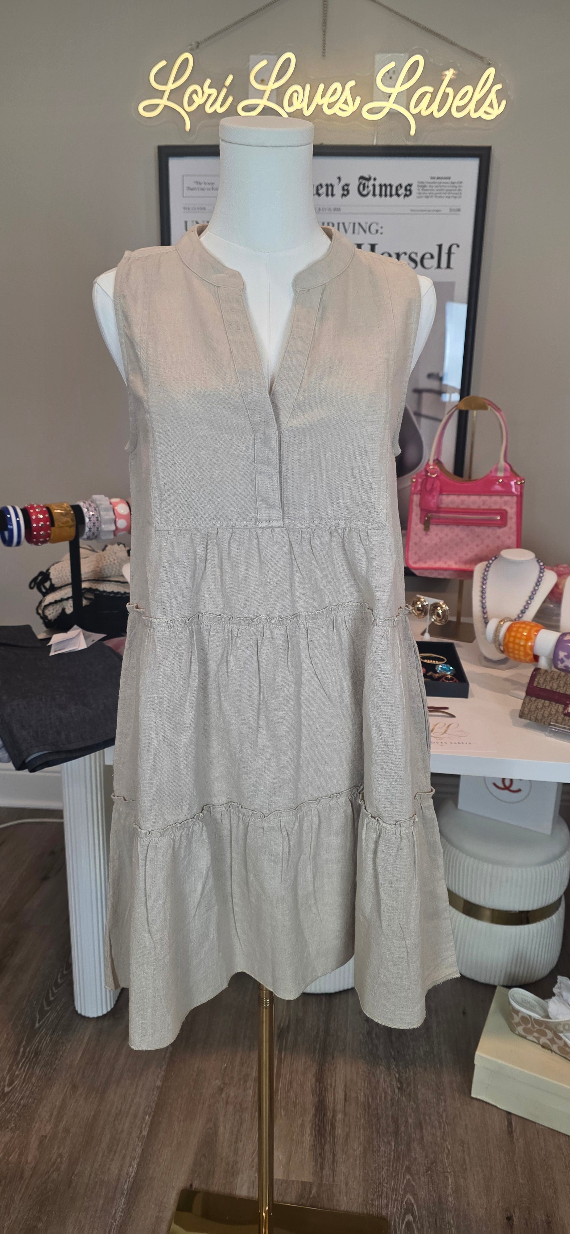 Sleeveless, tiered linen midi dress