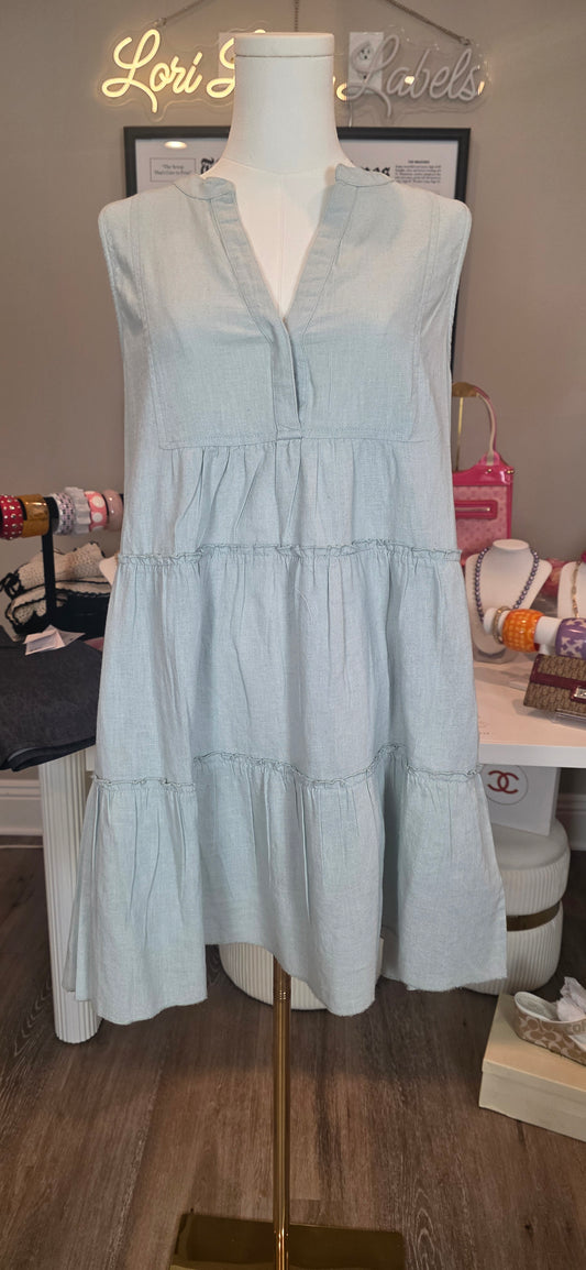 Seafoam green sleeveless, tiered linen midi dress