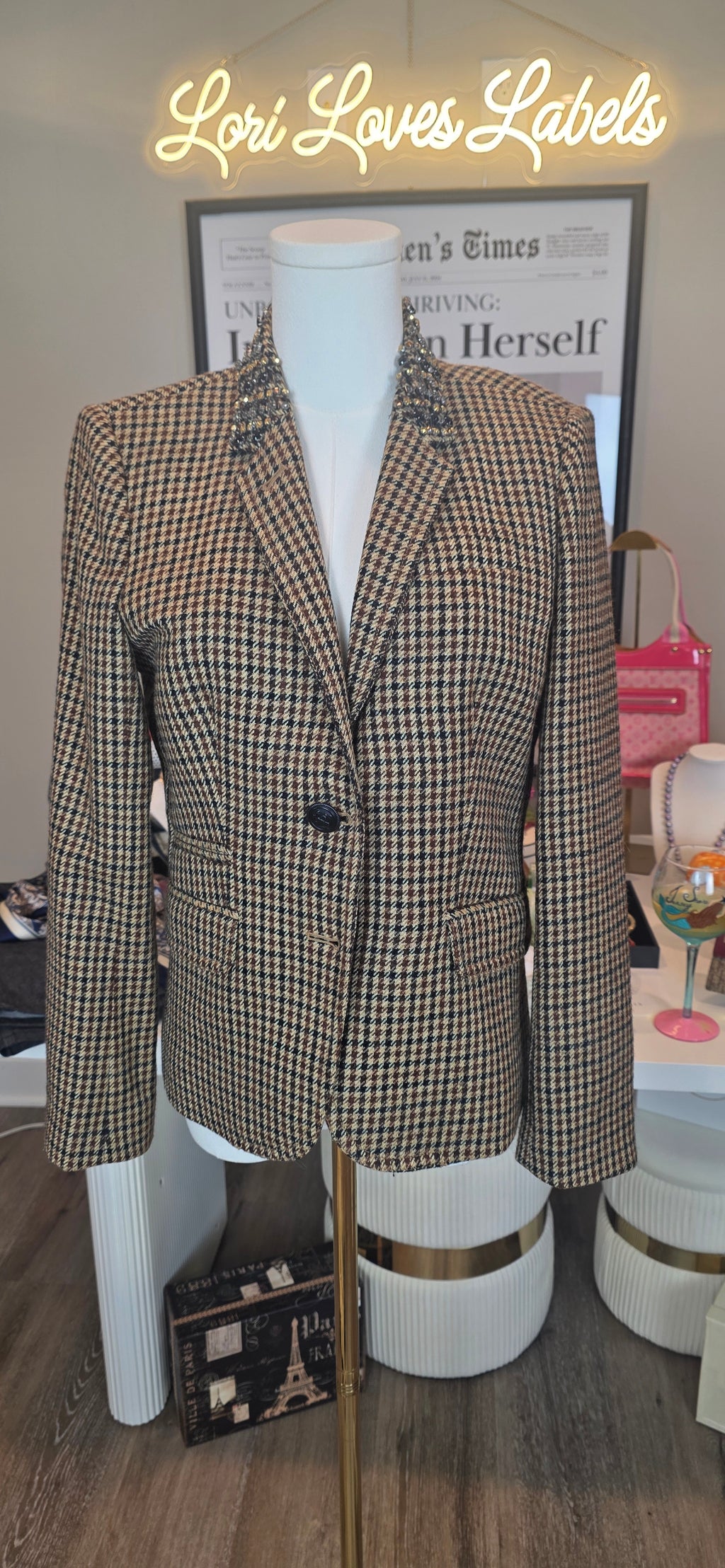 JCrew Houndtooth Blazer with embellished collar