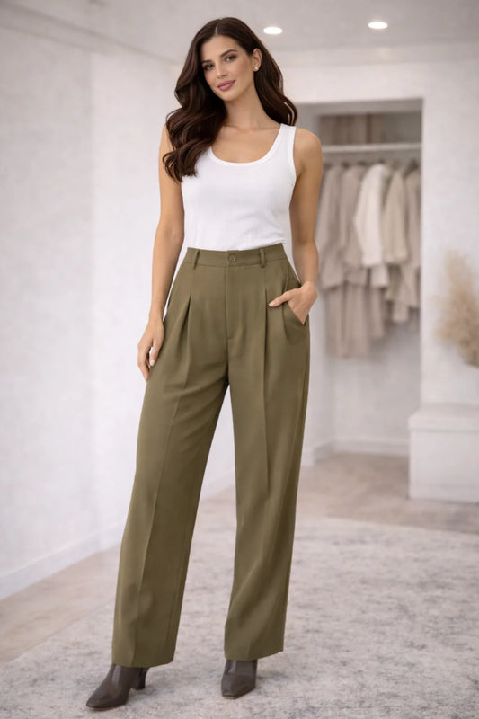 PONTE VEST WITH PLEATED WIDE LEGS OLIVE TROUSERS
