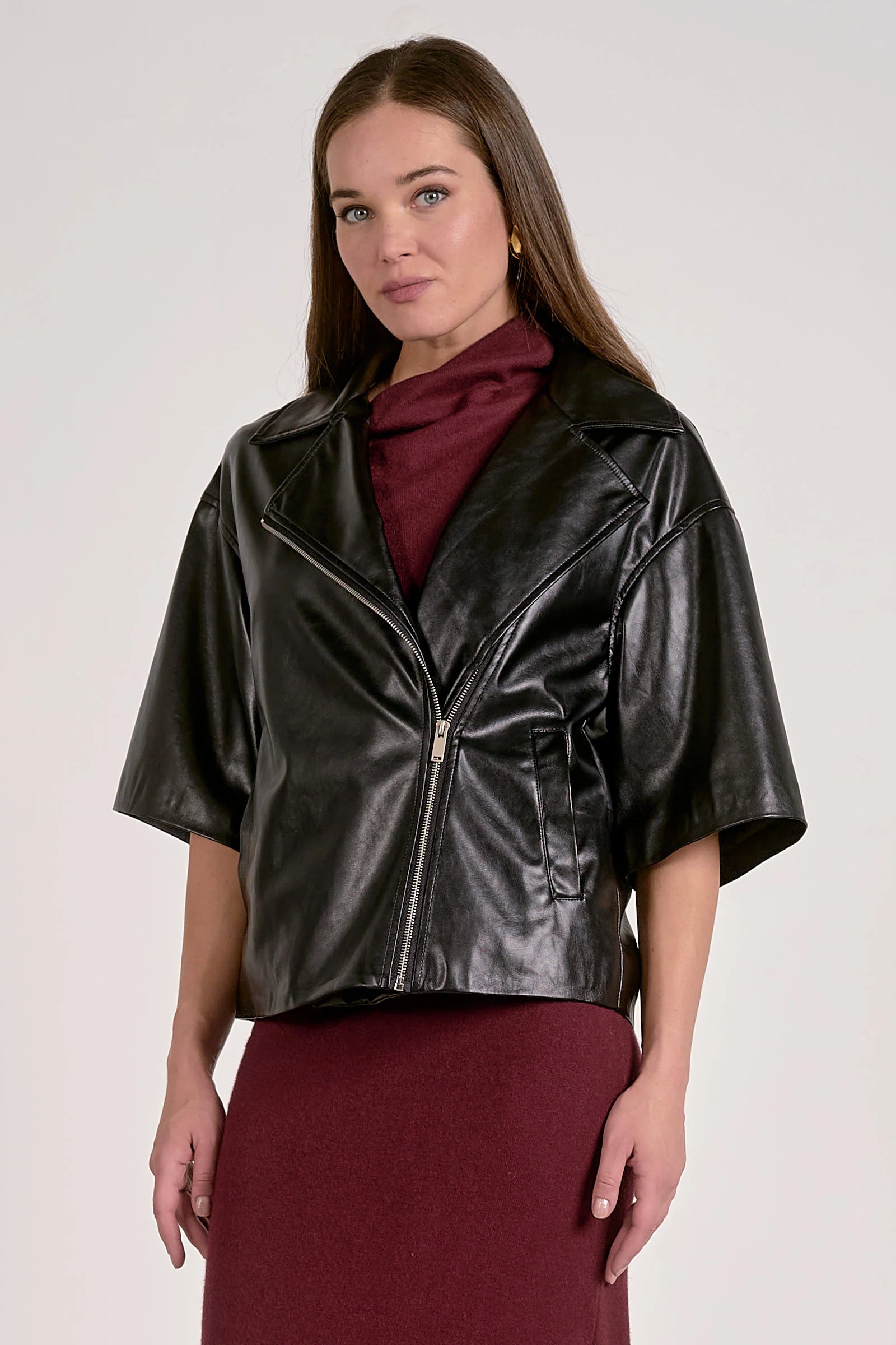 Elan Leather Short Sleeve Jacket Top.