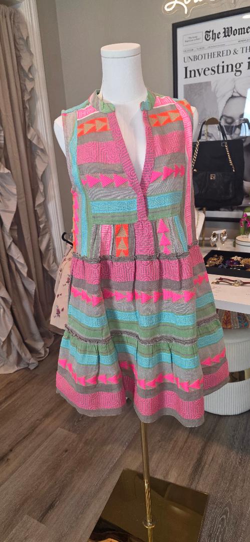 Elan Neon Multi Embroidered Tiered Dress
