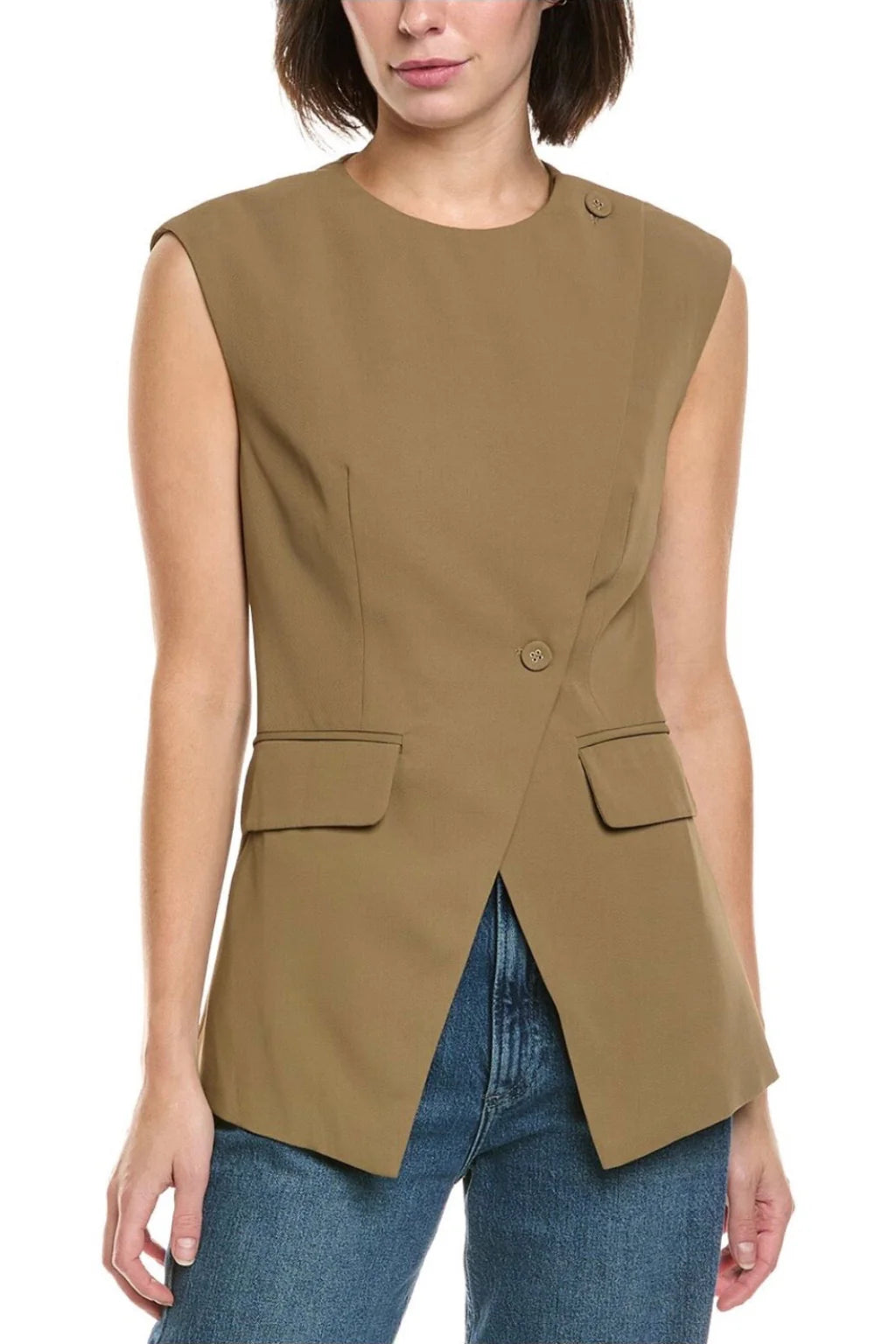 PONTE VEST WITH PLEATED WIDE LEGS OLIVE TROUSERS