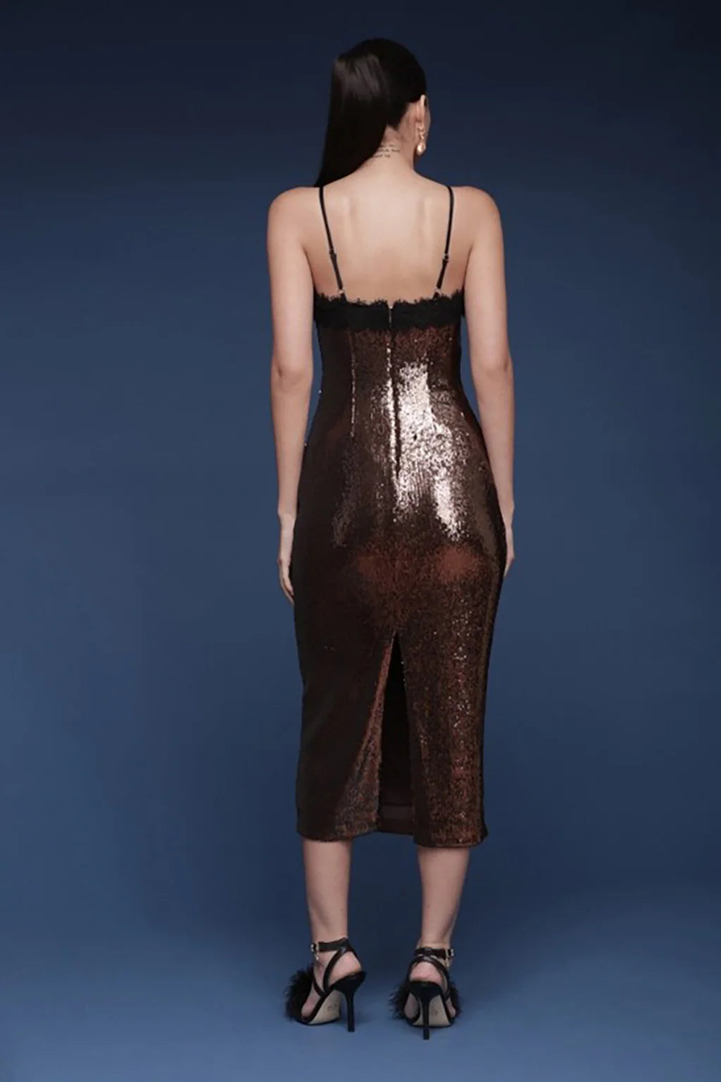 LACE TRIMMED SEQUIN SLIP DRESS