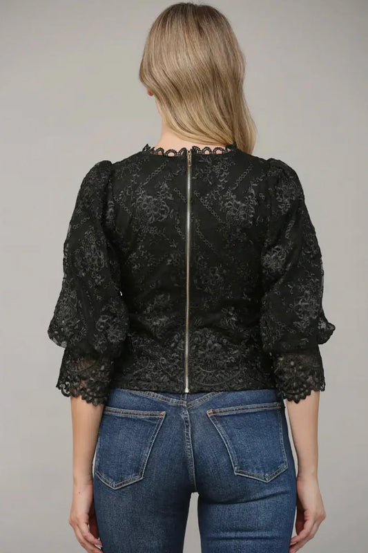 SCALLOP LACE SHORT PUFF SLEEVE BLOUSE