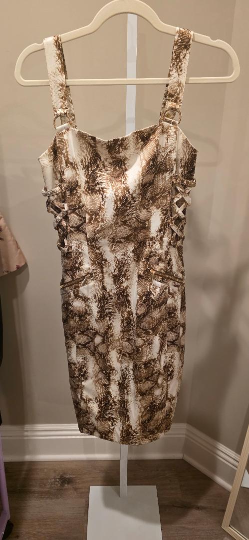 Vintage Caché ivory and brown snakeskin print midi dress