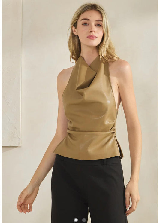 FAUX LEATHER DRAPE HALTER TOP