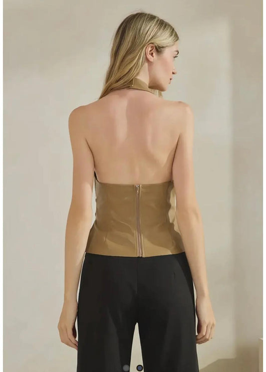 FAUX LEATHER DRAPE HALTER TOP