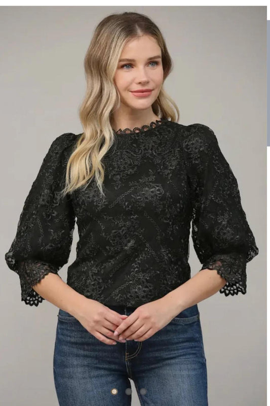 SCALLOP LACE SHORT PUFF SLEEVE BLOUSE