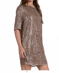 Elan Round Neck Short Sleeve Shift Dress in Cheetah Sequin