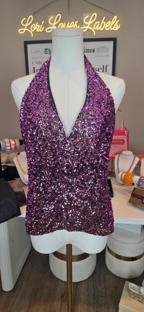 Halpern Purple Sequin Halterneck Top