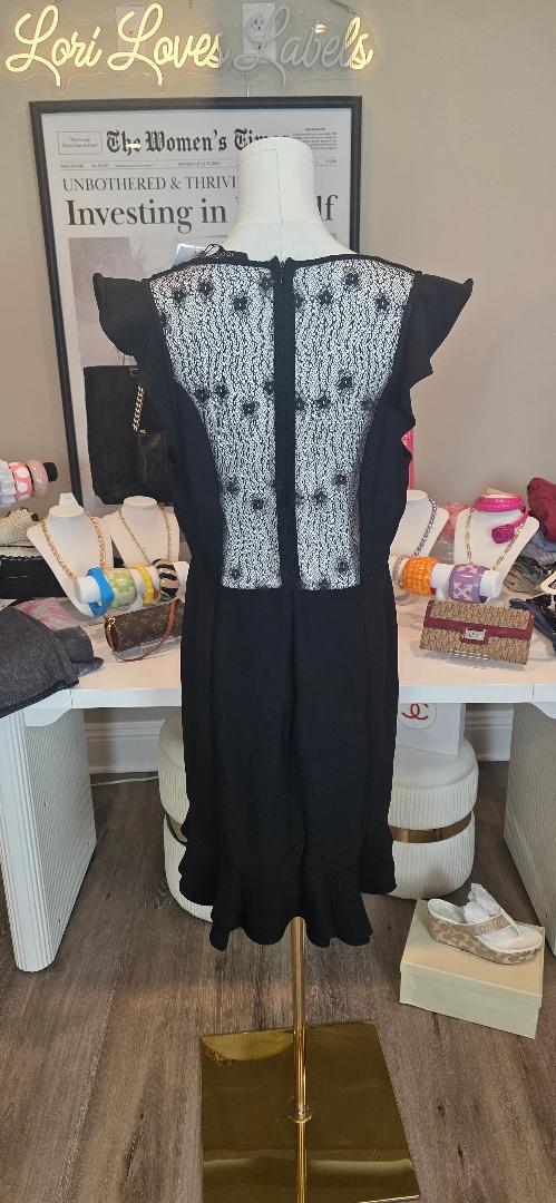 Black Ruffled Lace Cap Sleeve V-Neck Short Sheath Dress