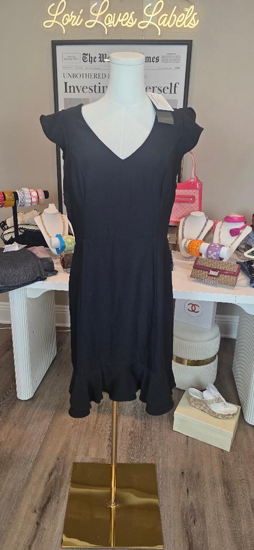 Black Ruffled Lace Cap Sleeve V-Neck Short Sheath Dress