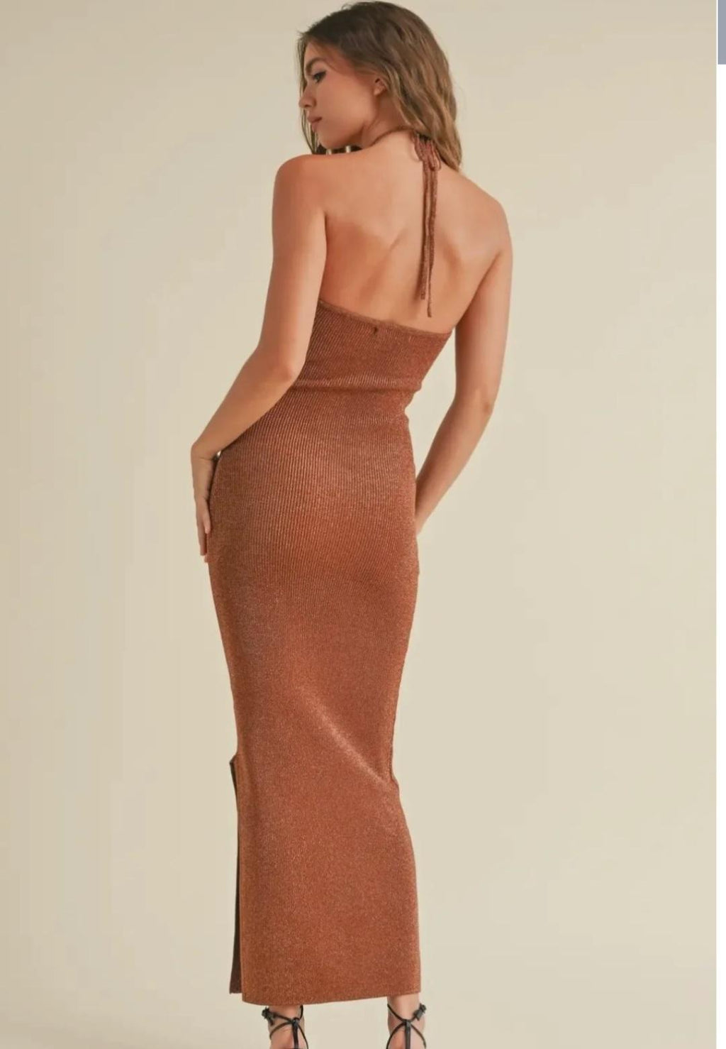 LUREXED TWIST KNITTED HALTER DRESS
