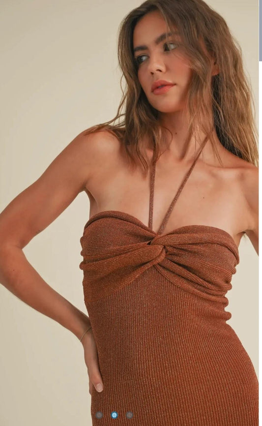 LUREXED TWIST KNITTED HALTER DRESS