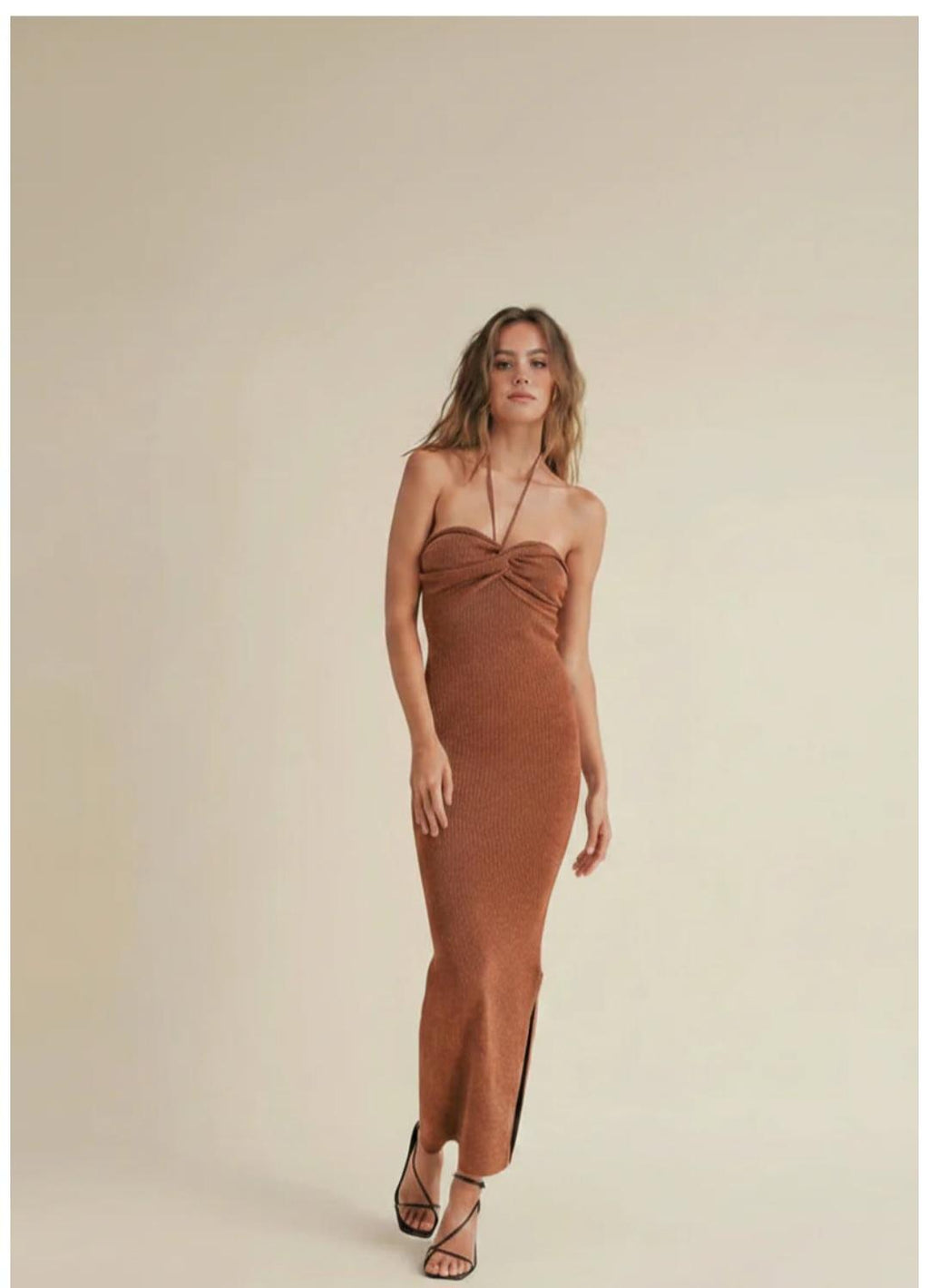 LUREXED TWIST KNITTED HALTER DRESS