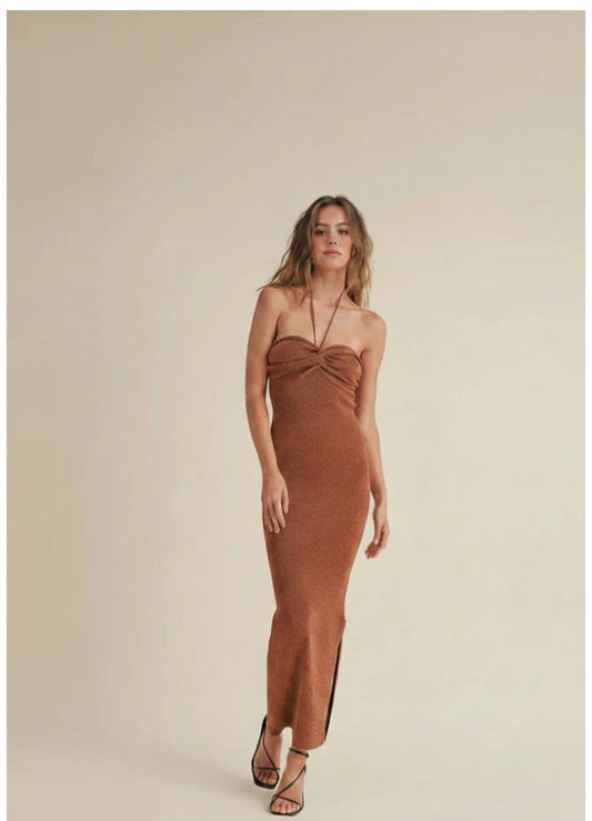 LUREXED TWIST KNITTED HALTER DRESS