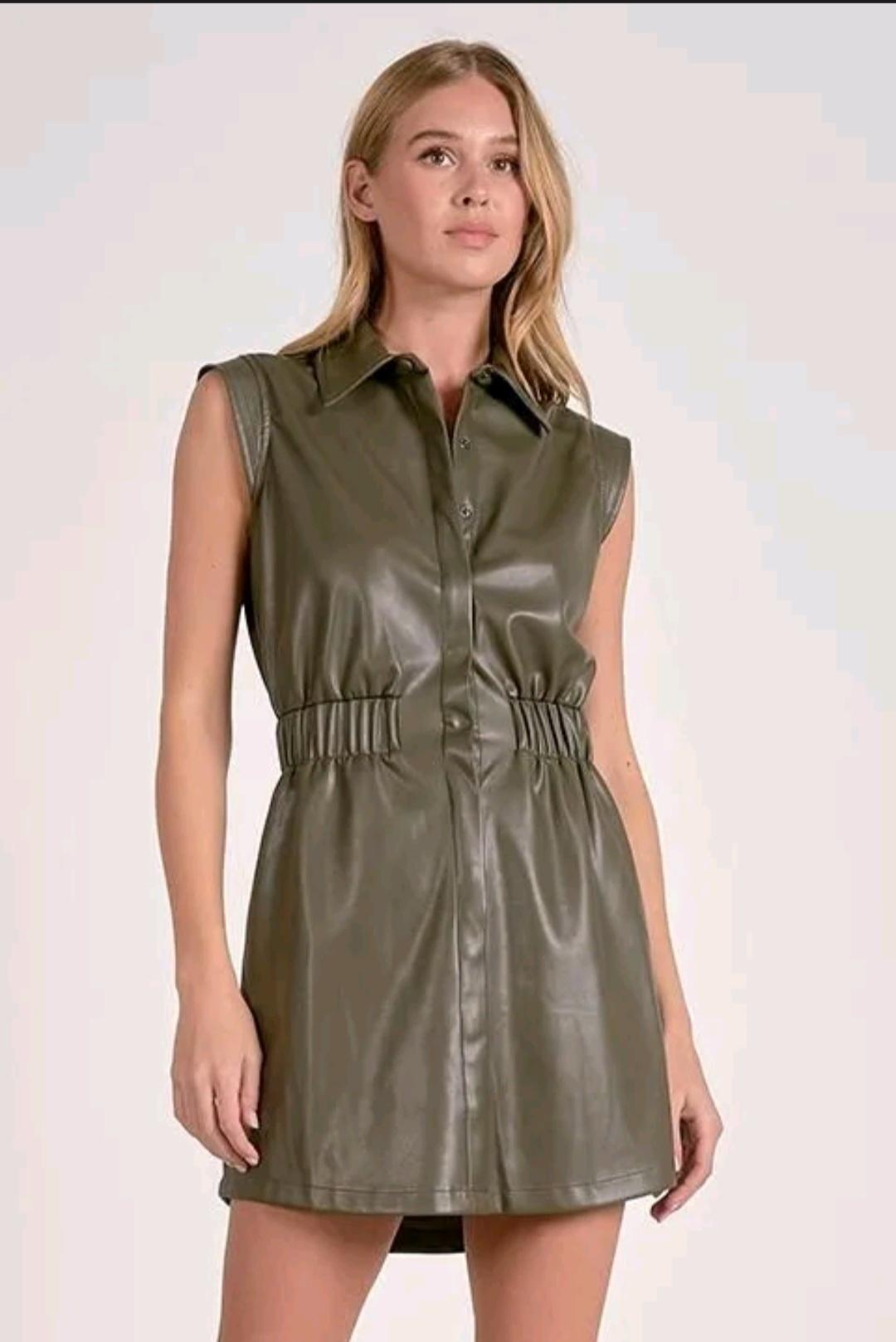 ELAN Faux Leather Green Mini Dress