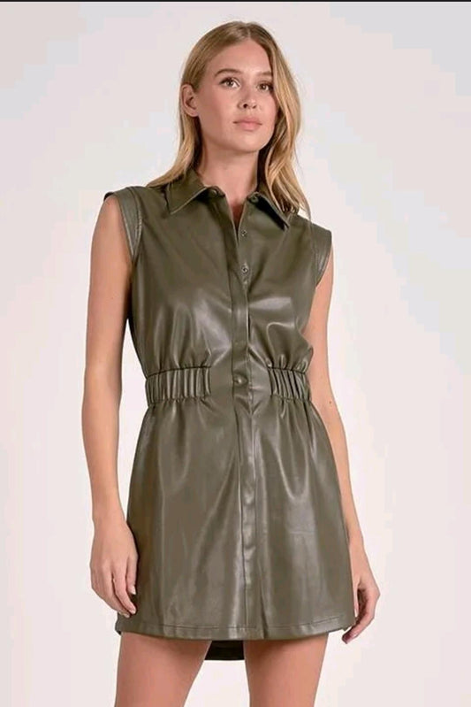ELAN Faux Leather Green Mini Dress