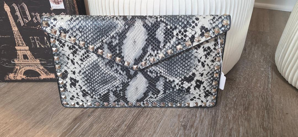 Snake-Print Envelope Clutch.