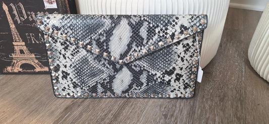Snake-Print Envelope Clutch.