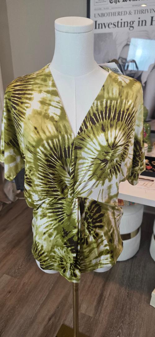 Olive Green/Brown tie dye twist-front V-neck short-sleeve top
