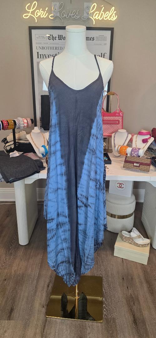 Elan Charcoal and Blue Tie-Dye Harem boho maxi dress